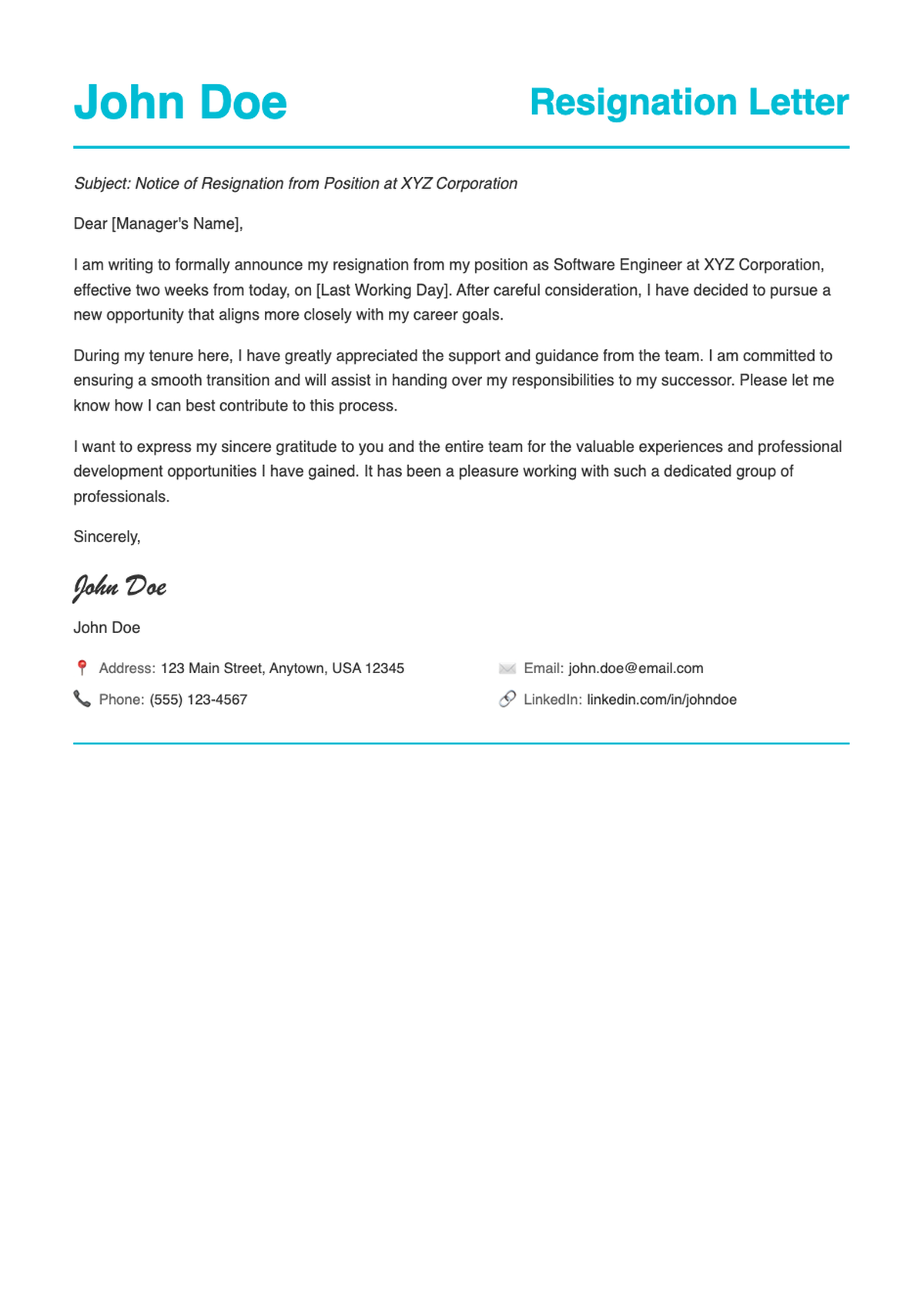 Professional resignation letter template with teal accents and contact details_variant_2
